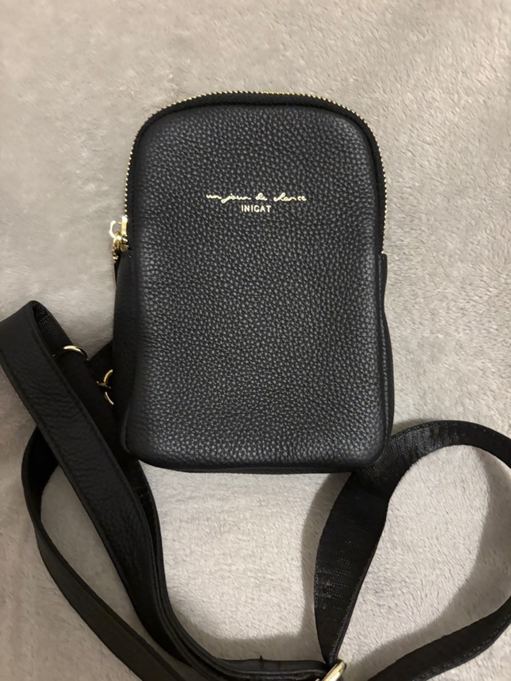 Black Pebbled Crossbody Bag with Gold Logo Accent